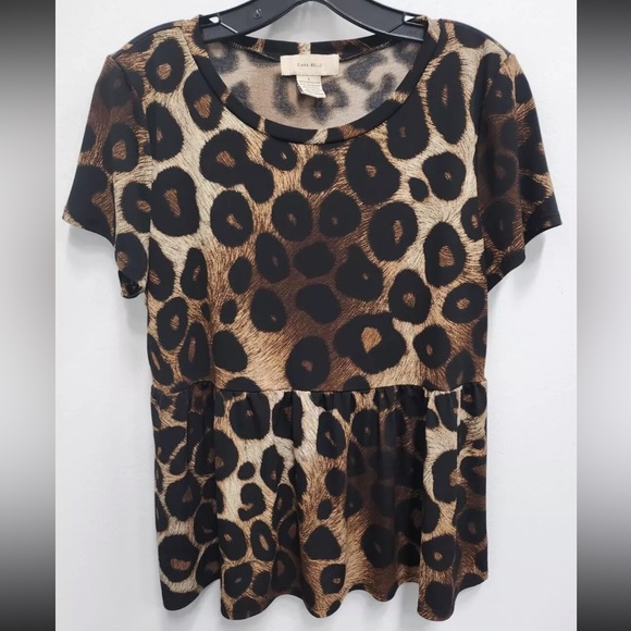 Diane Belle Womens Peplum Animal Print Top Large Brown Stretch Knit Short Sleeve - Picture 1 of 2